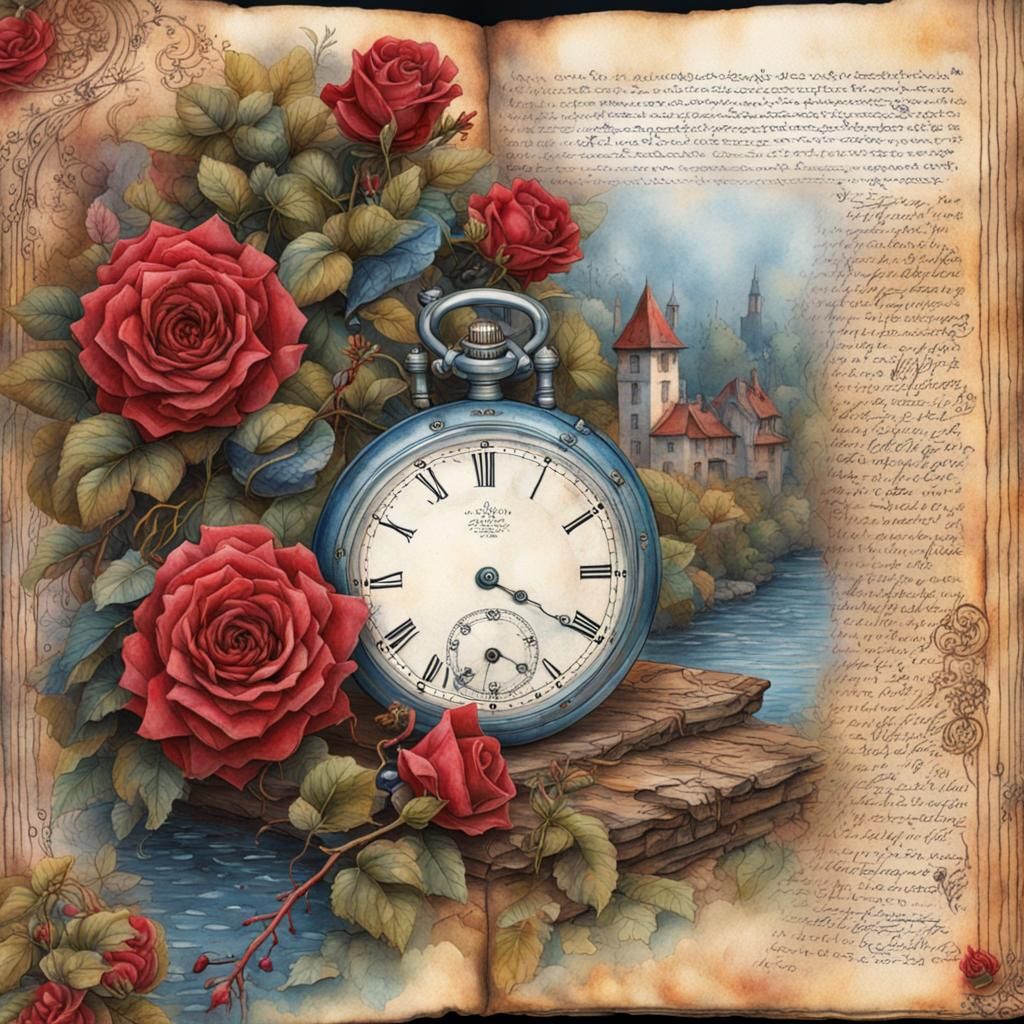 Floral Journal Page with Antique Watch in Watercolor Style