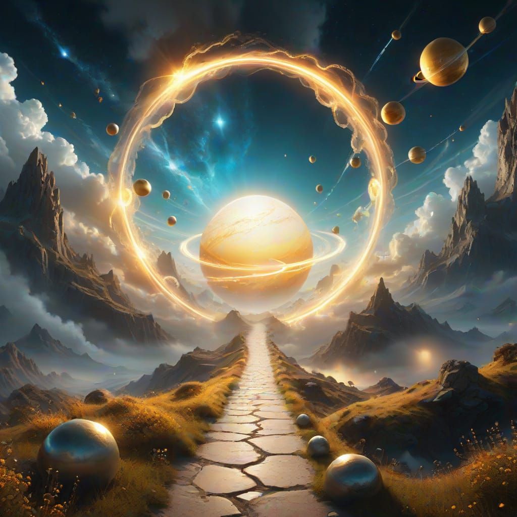 A rocky, dangerous path leads to heavenly spheres.