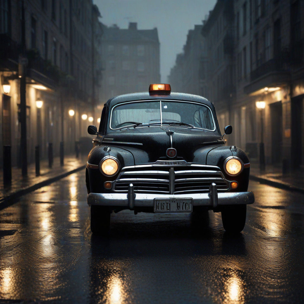 Film Noir Police Car on Rainy Street at Night