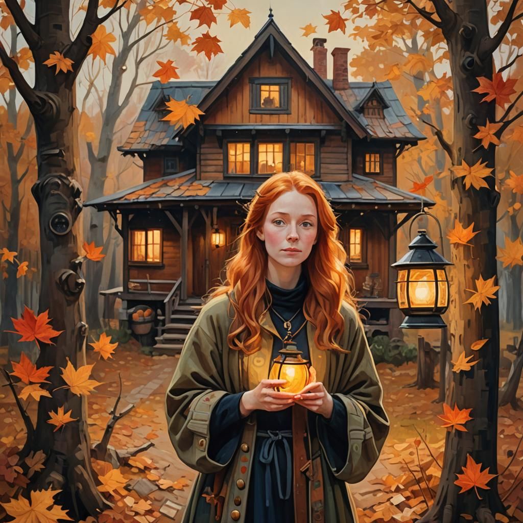 Magical Realism Ginger Woman in Autumn Woods