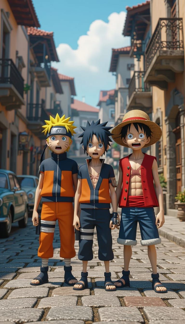 Gaunt Naruto, Sasuke, and Luffy in European City