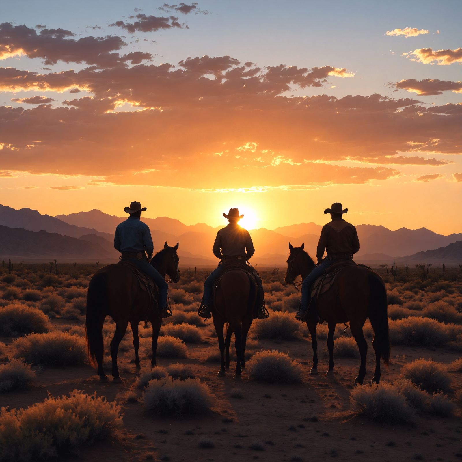Cowboy Silhouette at Sunset in Burnt Orange Hues