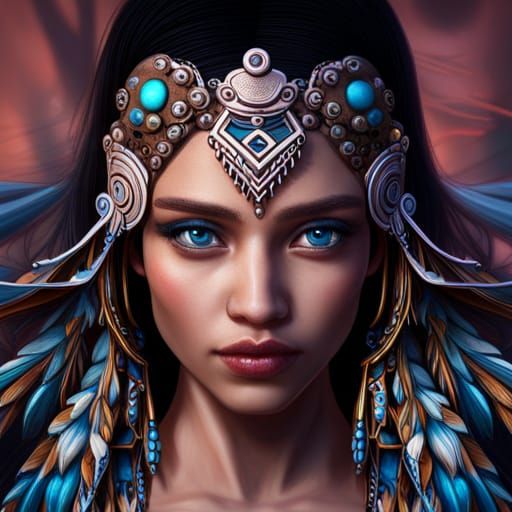 Aztec Princess with Blue Eyes: Detailed Digital Art