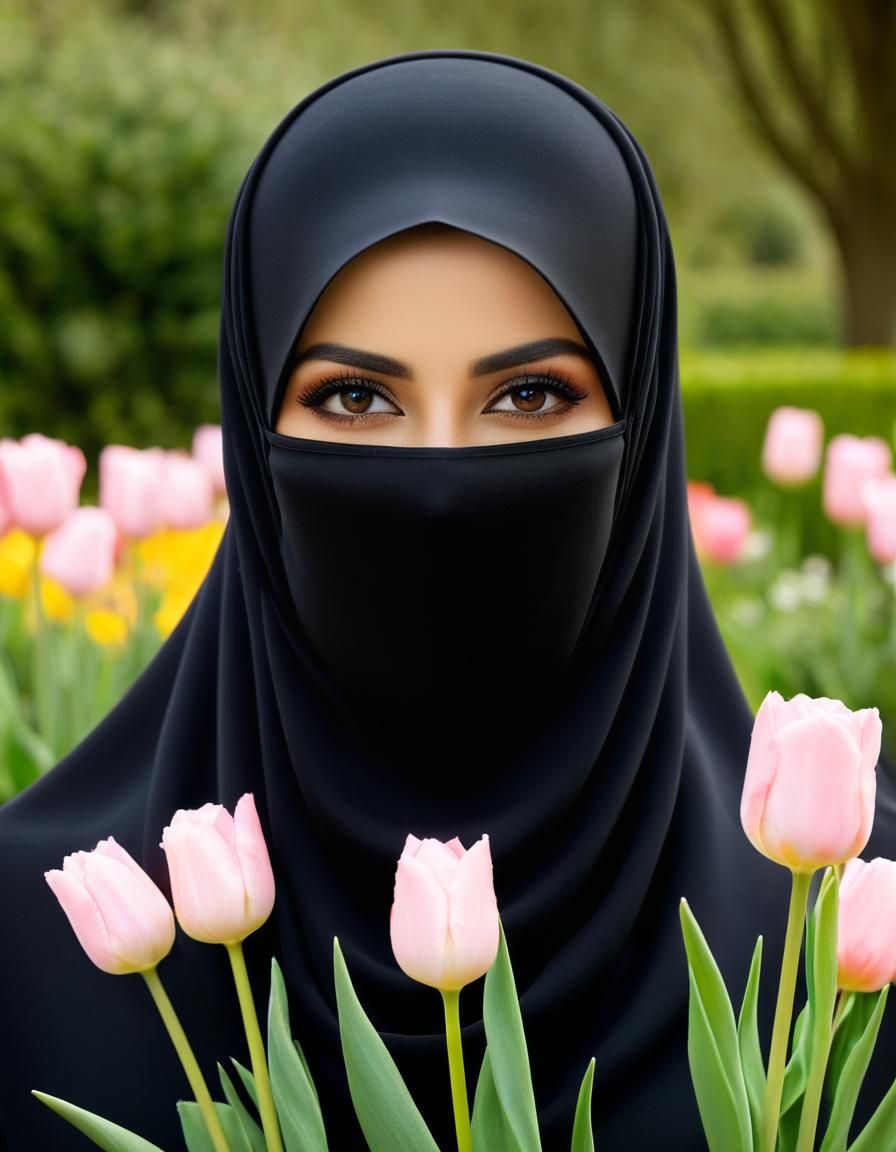 Niqabi Woman in Rose Garden, Soft Color Portrait