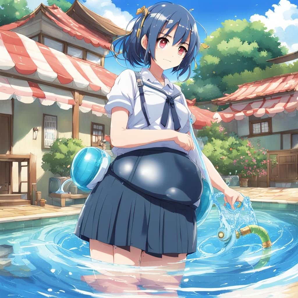 Anime Girl's Extreme Water Belly Inflation