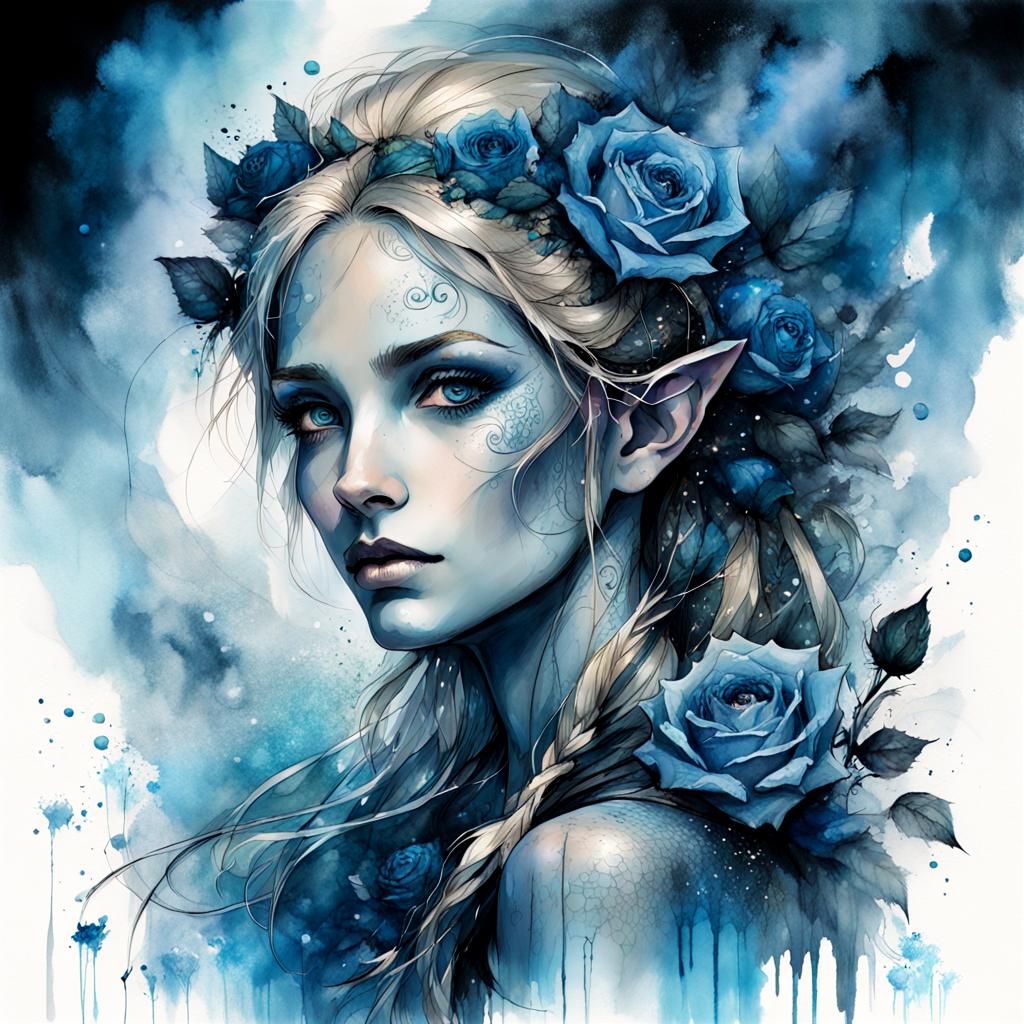 Blond Elf Surrounded by Blue Roses
