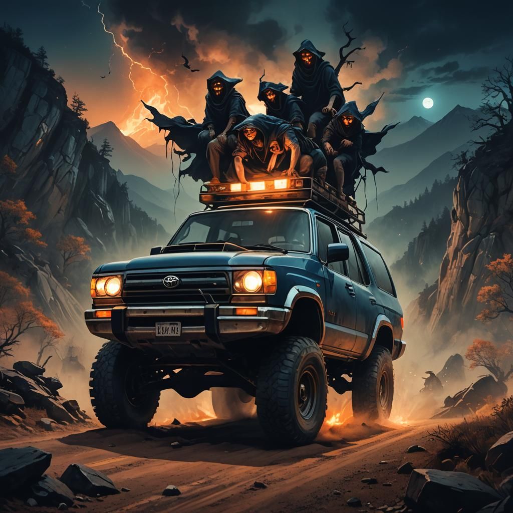 Witches Attack Car in Dark Fantasy Landscape