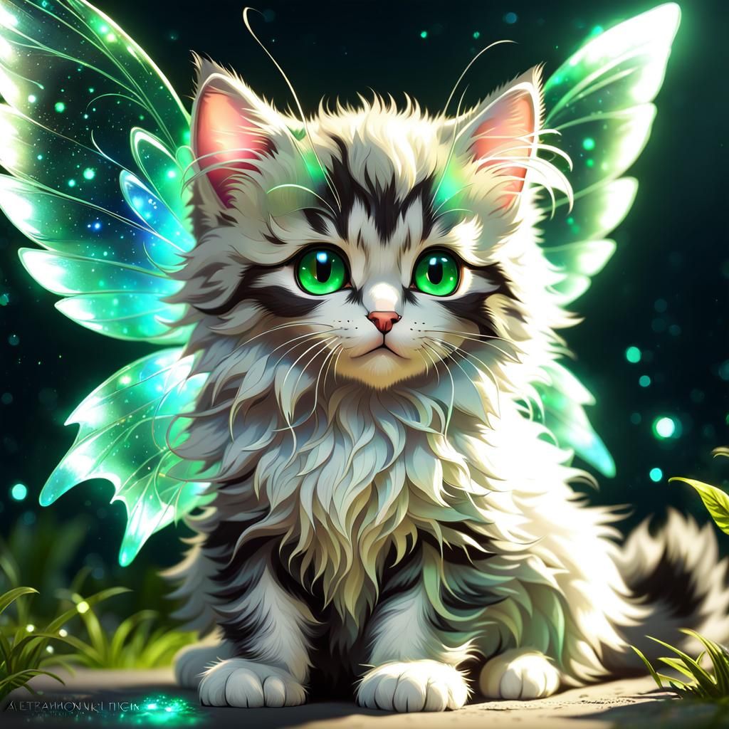 Luminous Kitten with Fairy Wings in Art Nouveau Style