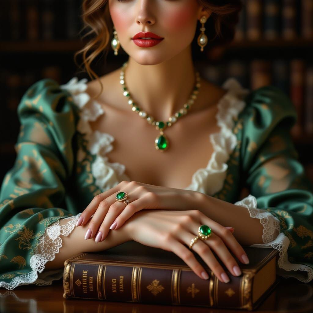 Elegant Woman with Emerald Ring, in Photorealistic Oil Paint...