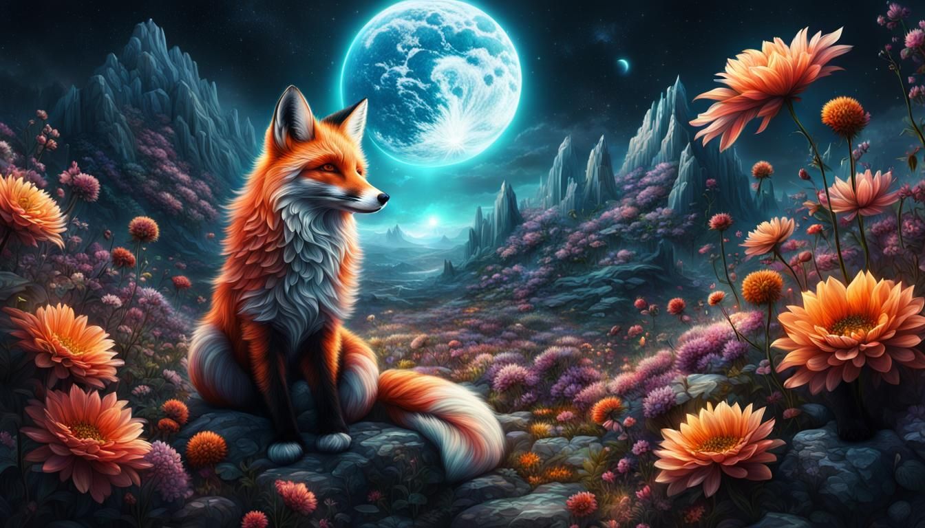 Floral Celestial Fox in Digital Painting Style