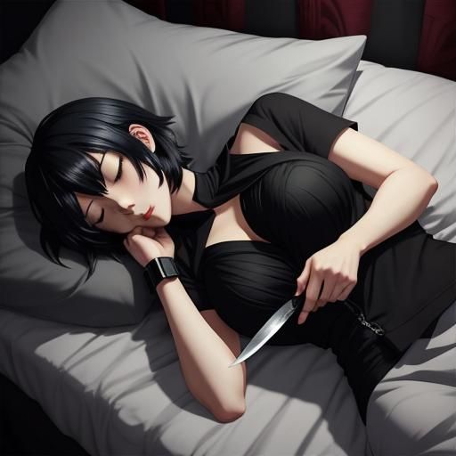Anime Girl Sleeping with Knife in Manga Style