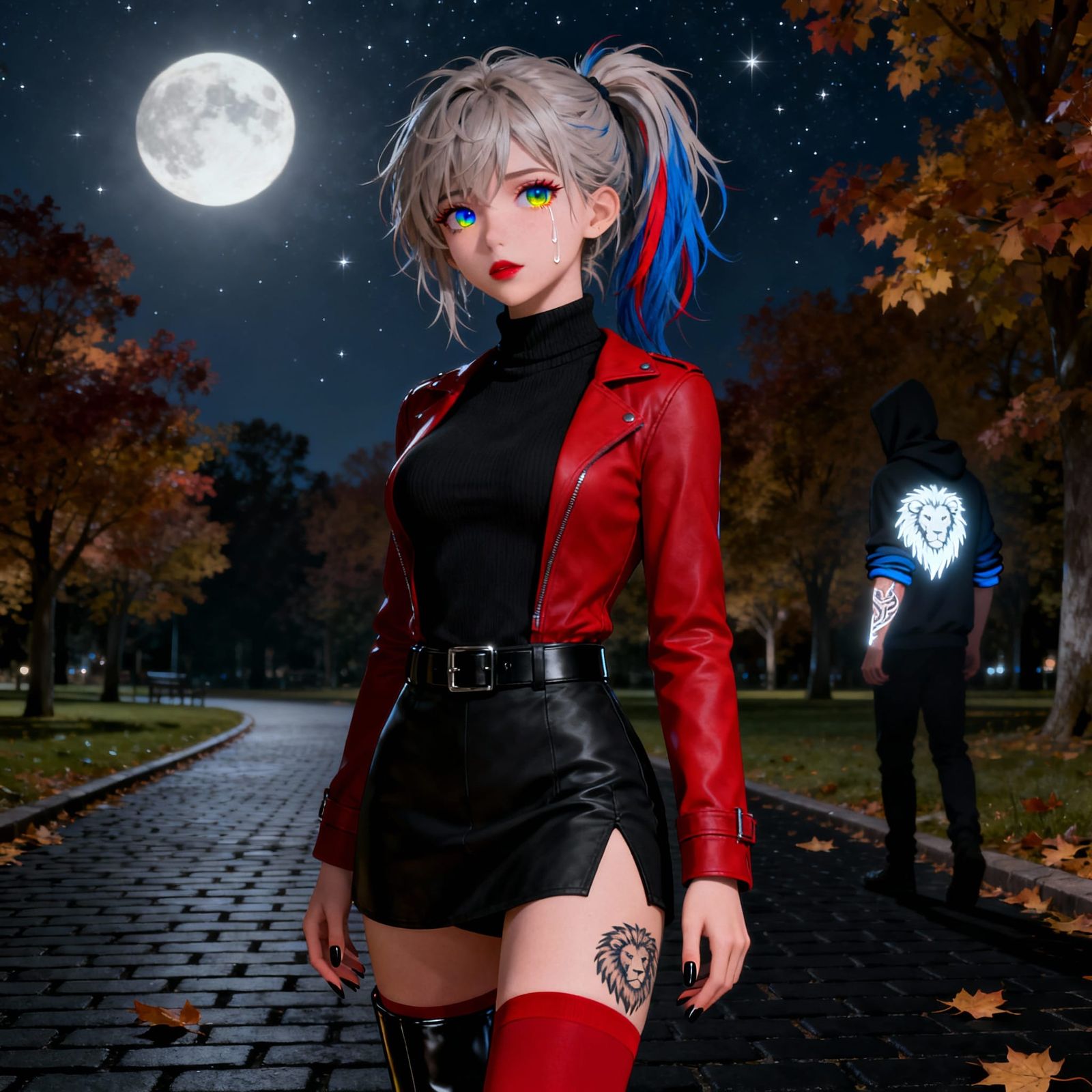 Anime Woman in Night Park with Lion Tattoo