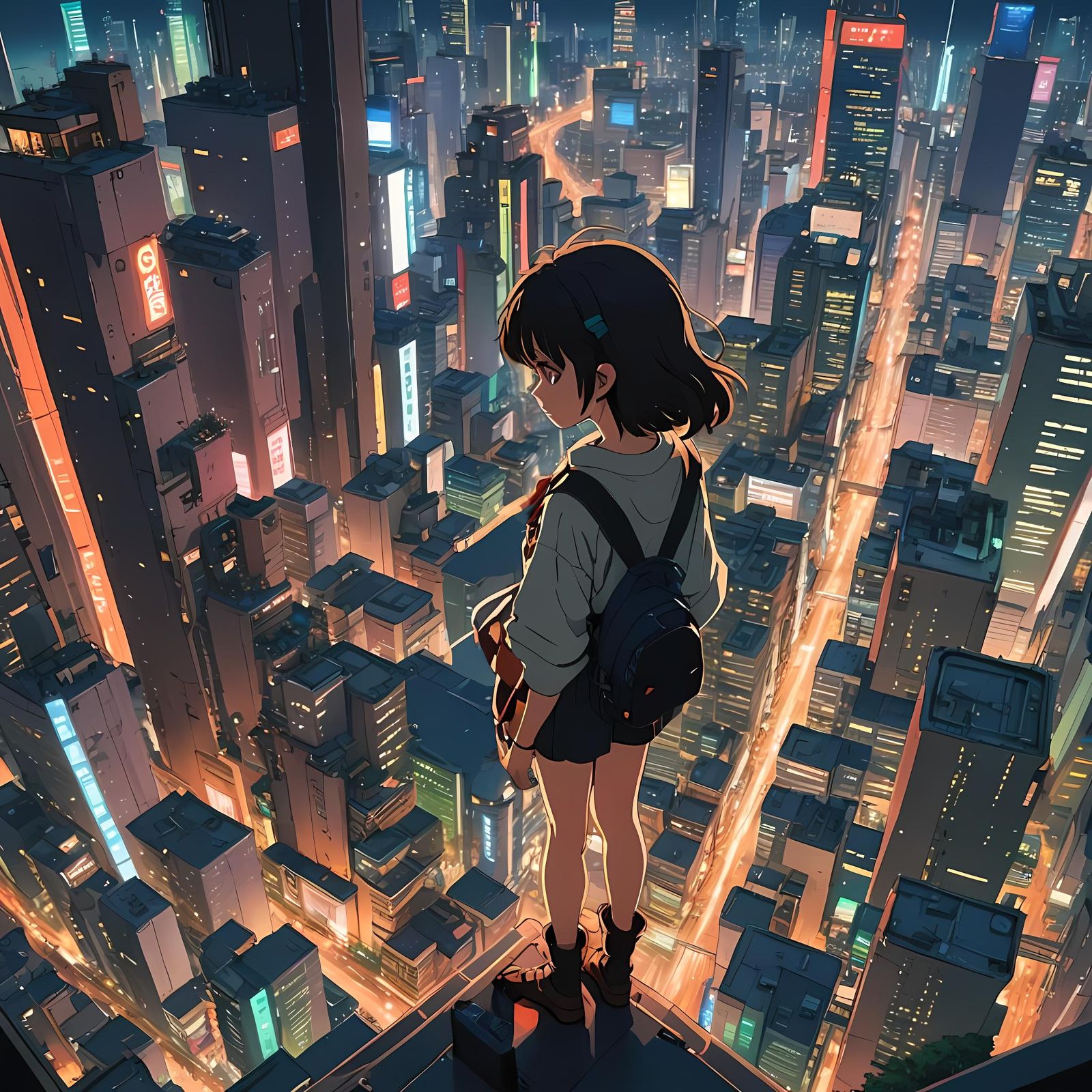 Anime Girl Gazing Over Neon Cityscape