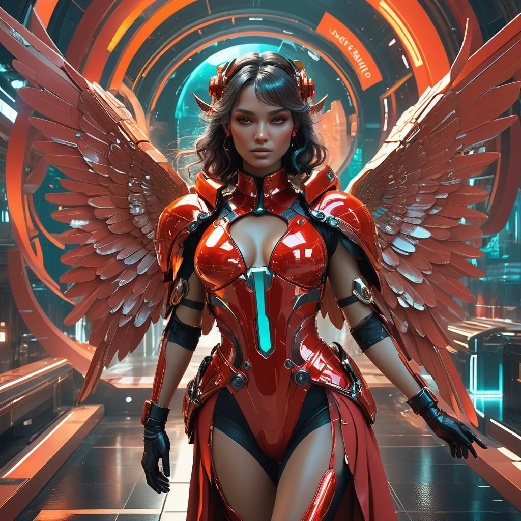 Futuristic Fashion: Girls in Red with Angel Wings