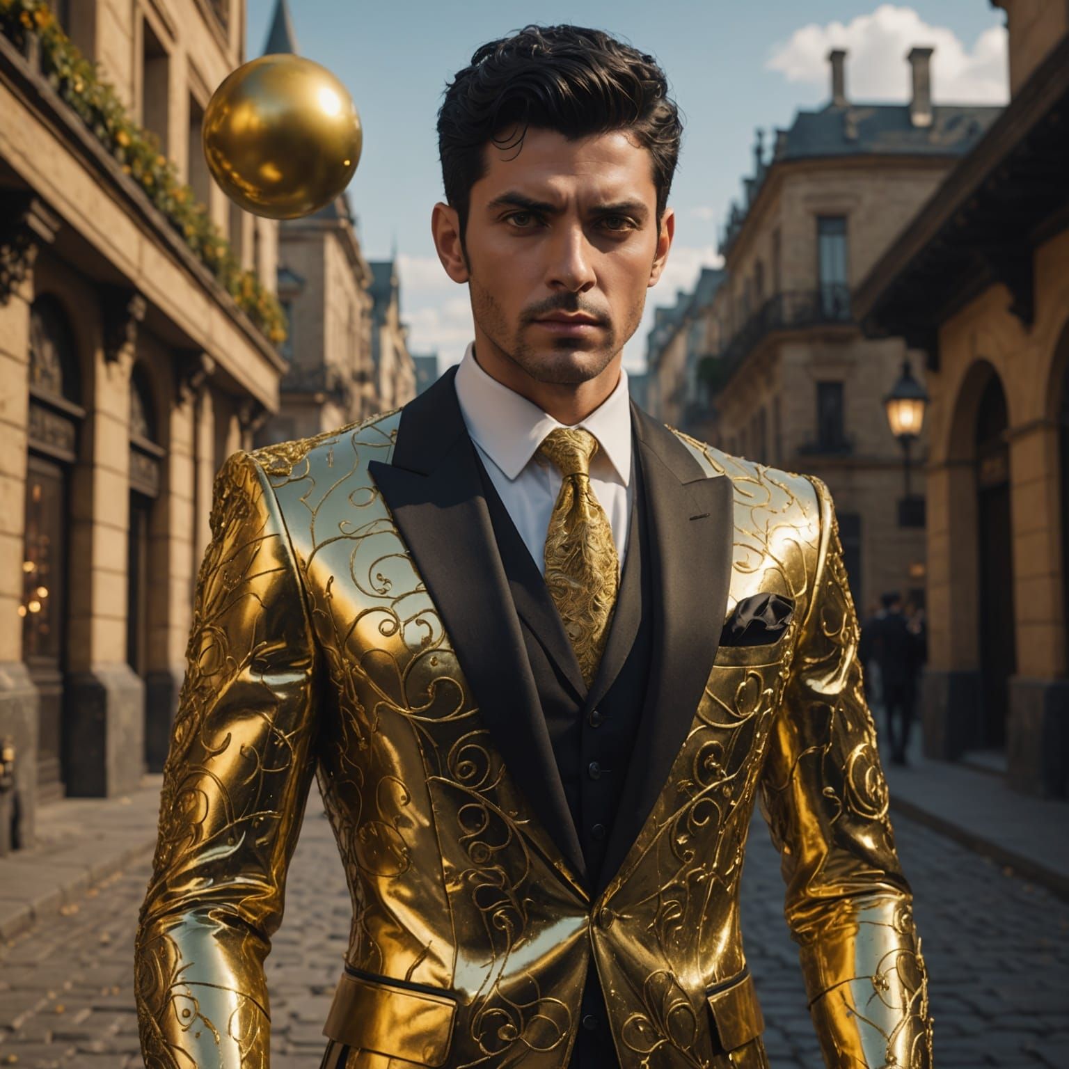 Golden-Eyed Man in Golden Suit, Detailed Digital Art