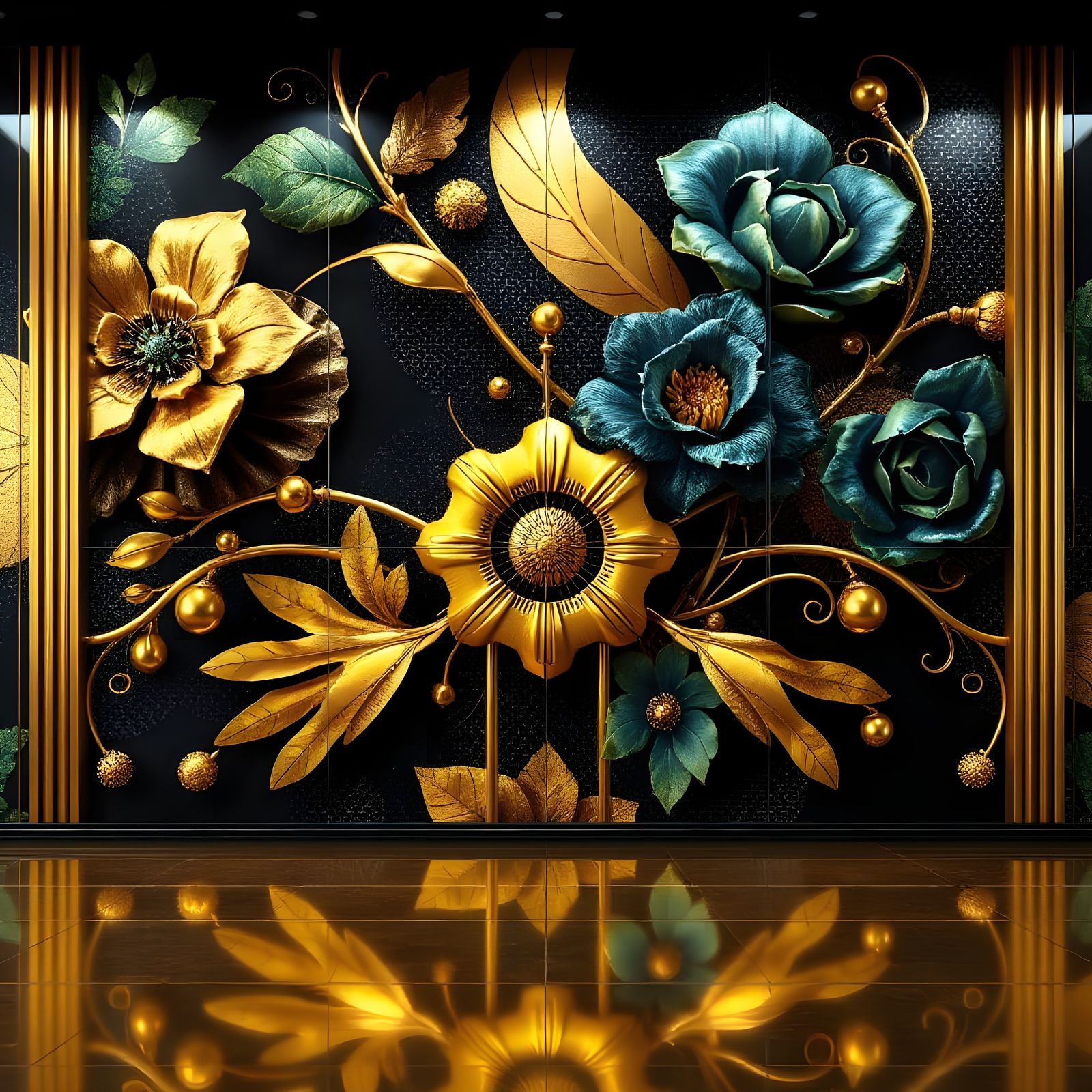 Luxury Floral Gold Wallpaper with Dark Blue and Green Accent...
