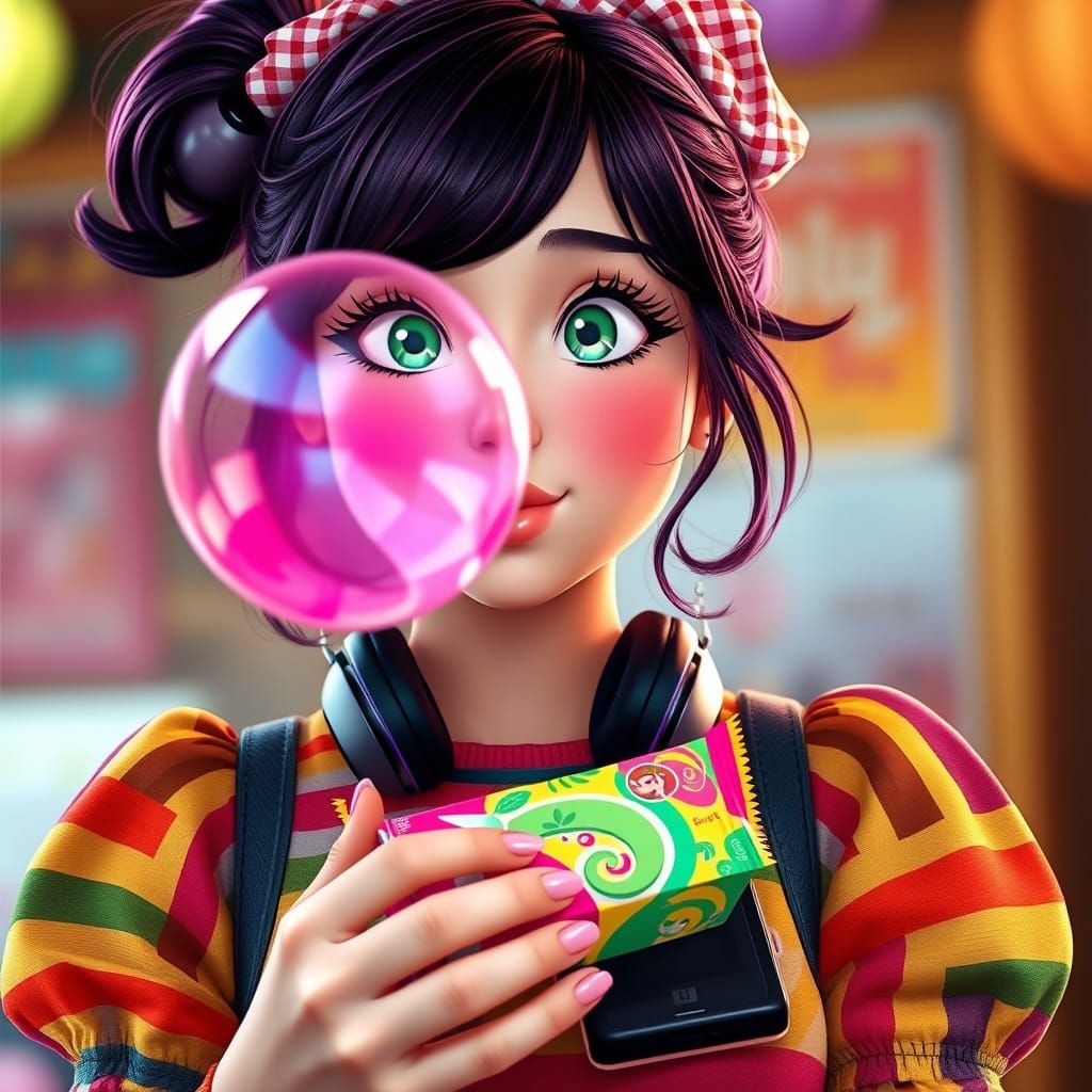 Joyful Anime Girl Blows Pink Bubble in Whimsical Studio Ghib...