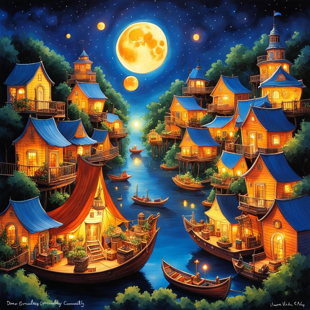 Enchanting Floating Ship-Village Illustration in Night Sky