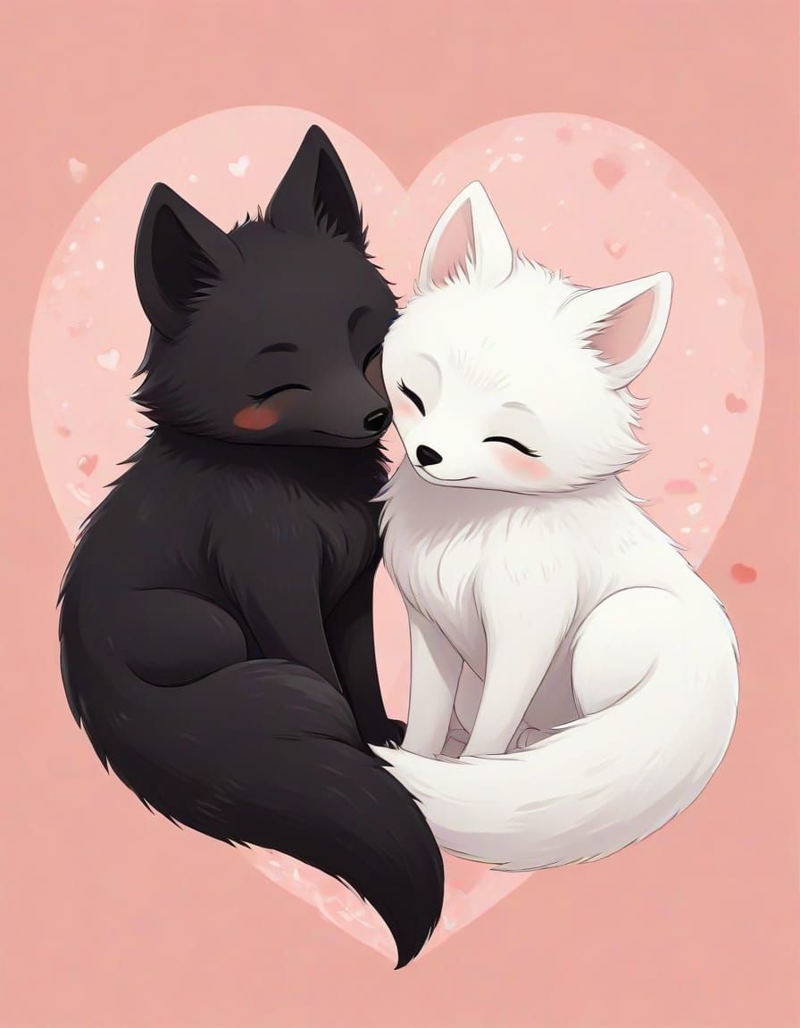 Cute Foxes Sleeping in Heart Shape, Anime Style
