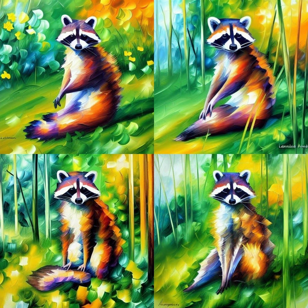Raccoon in Grassy Field, Impressionistic Style