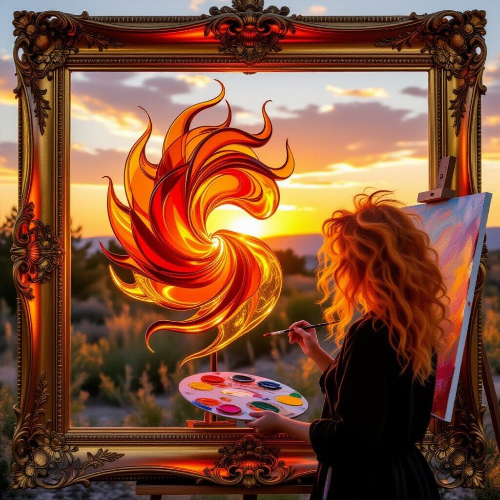 Fiery Orange Molten Glass Sculpture in Gilded Frame