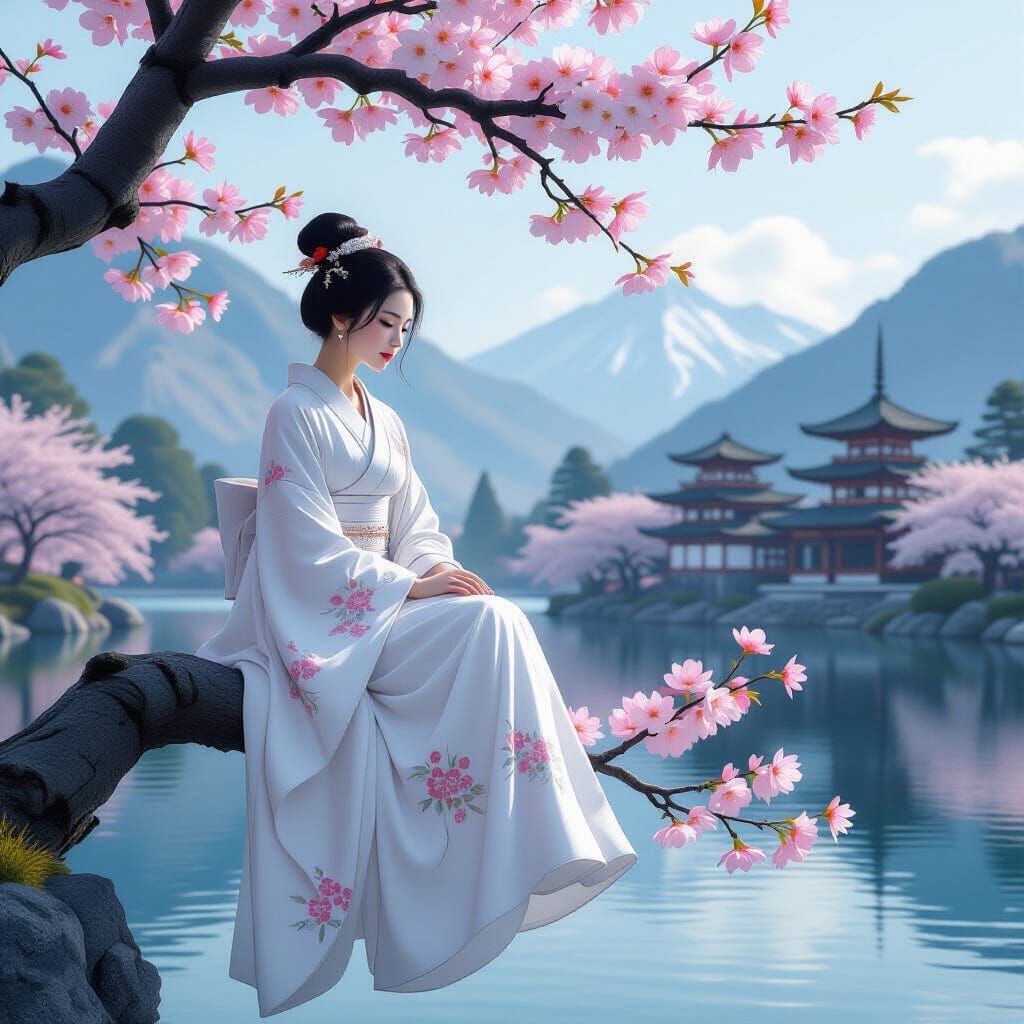 Serene Woman in Cherry Blossom Gown on Sakura Tree