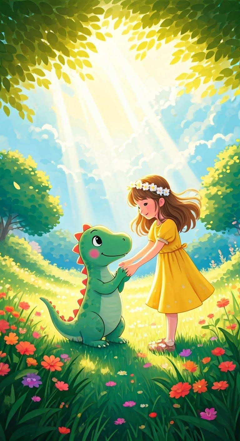 Girl and Dinosaur in Sunny Park, Illustrative Style