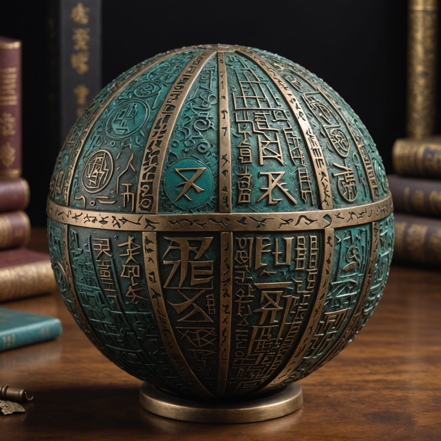 Intricate Bronze Sphere with Runes and Hieroglyphs