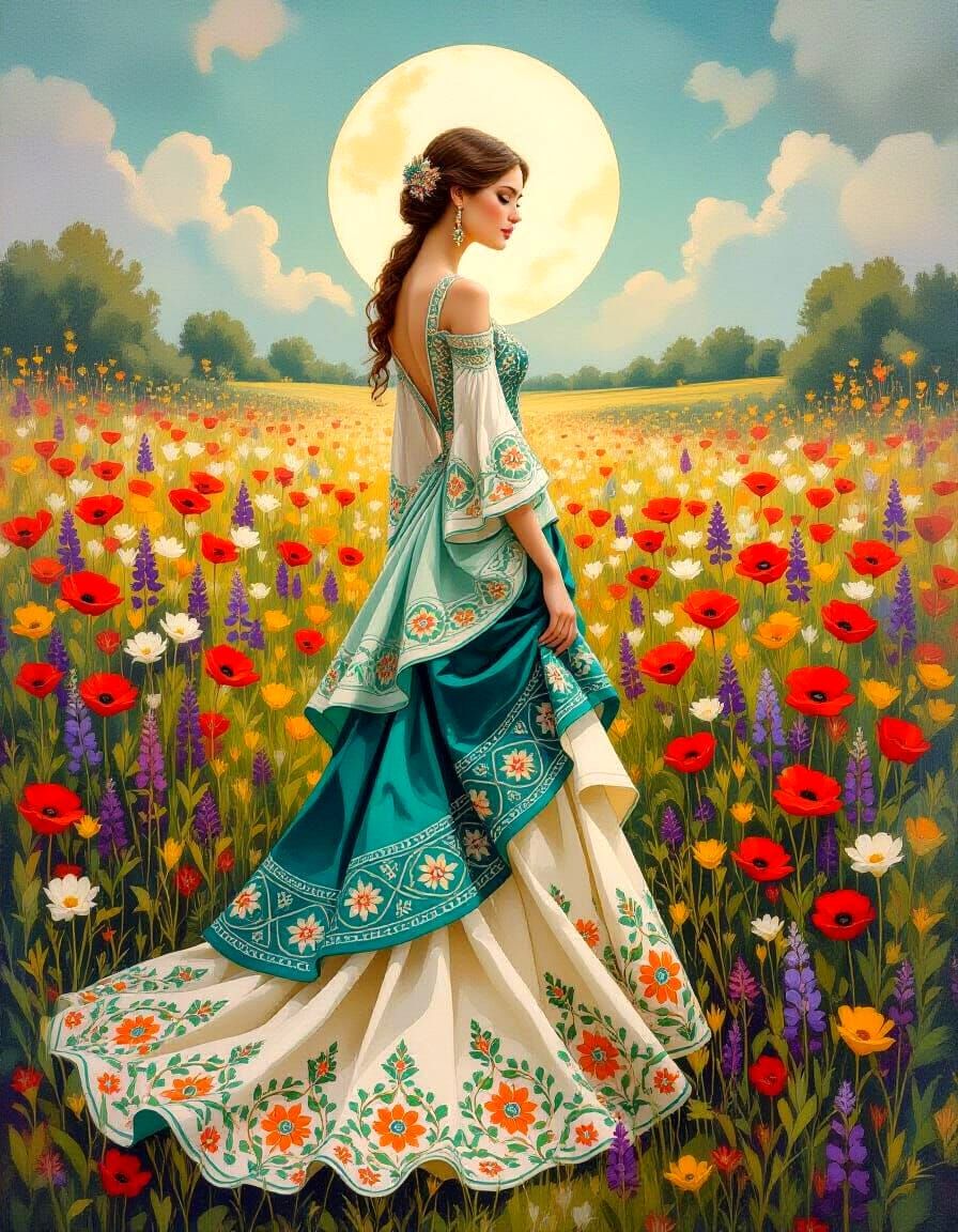 Art Nouveau Woman in Wildflower Meadow with Moon Halo