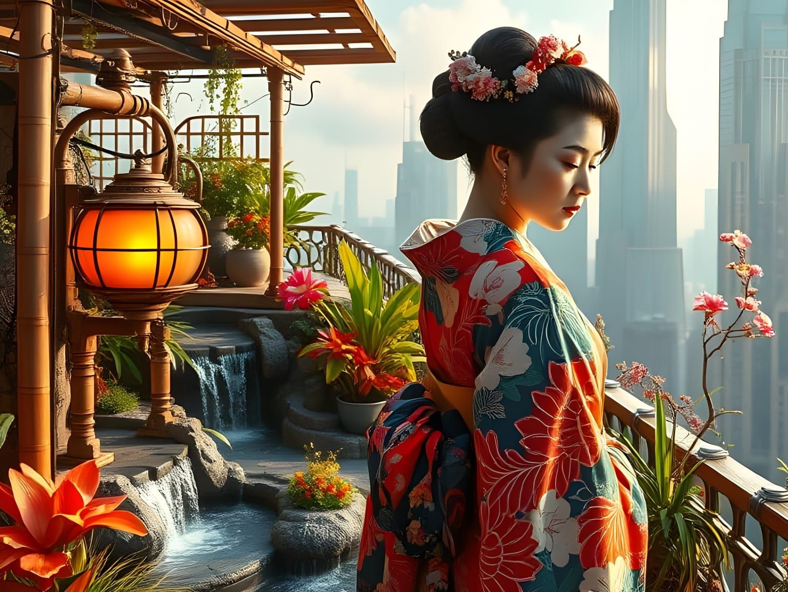 Steampunk Geisha in Industrial Oasis