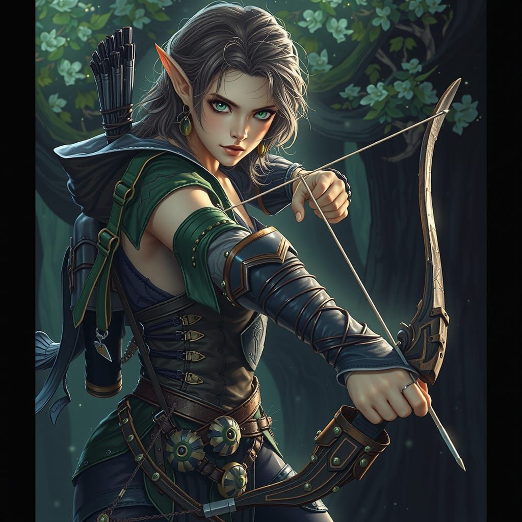 Hyper-Realistic Female Elf Hunter in a Mystical Forest, in M...