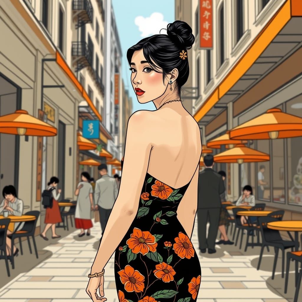Korean Woman in Chic Street Cafe Setting