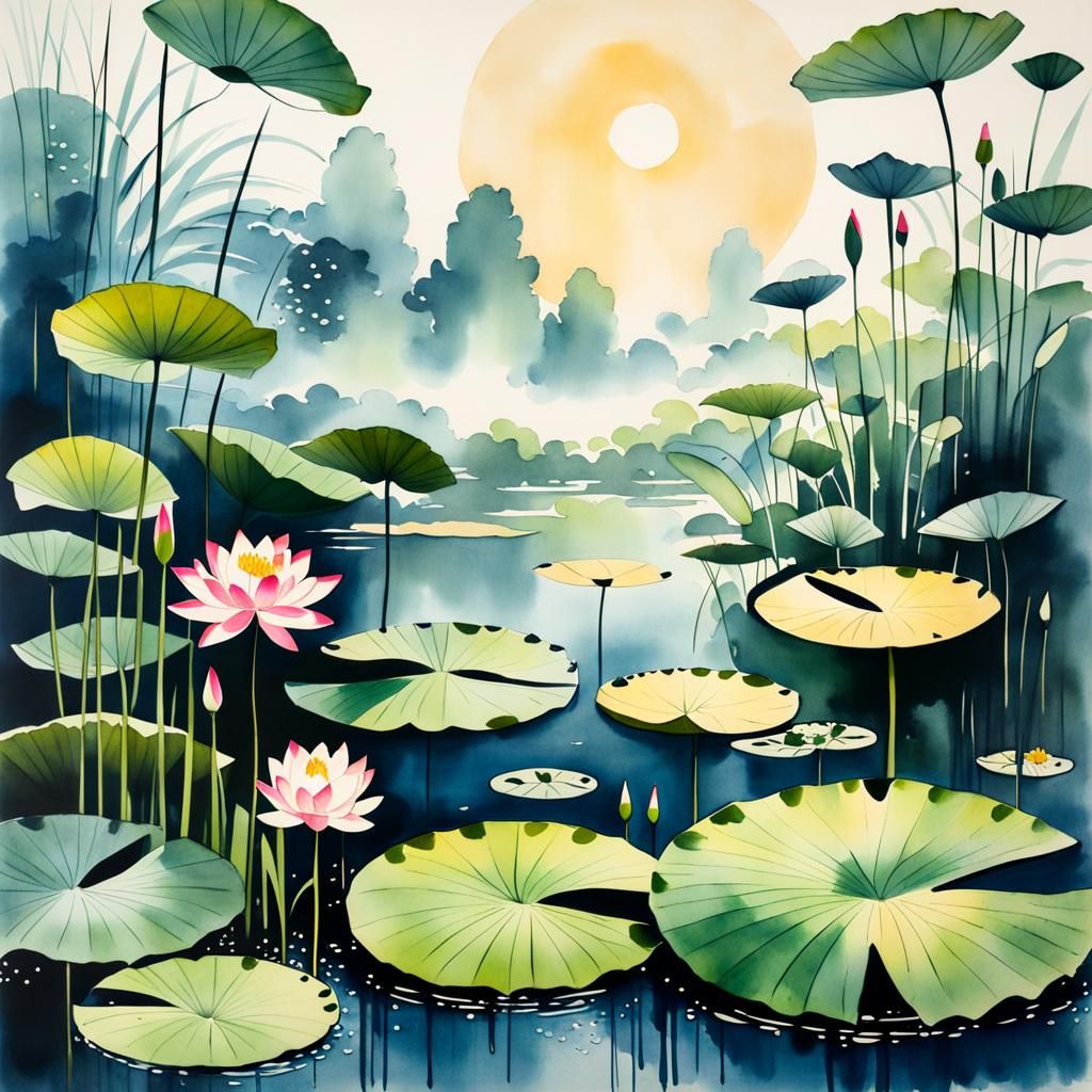 Lotus Flowers in Chinese Ink Painting