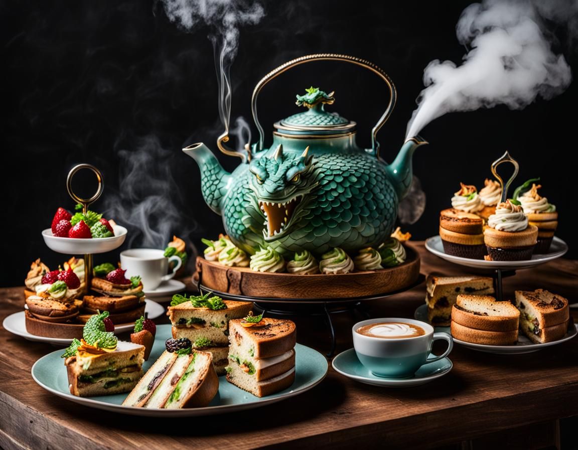 Dragon Teapot Steaming on a Table with Cakes