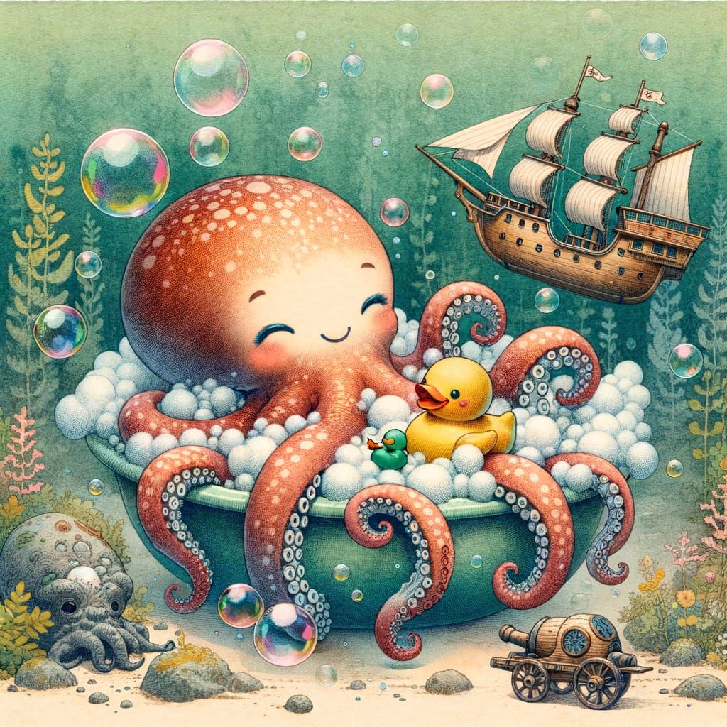 Giant Octopus Soaks in a Whimsical Ukiyo-e Inspired Bubble B...