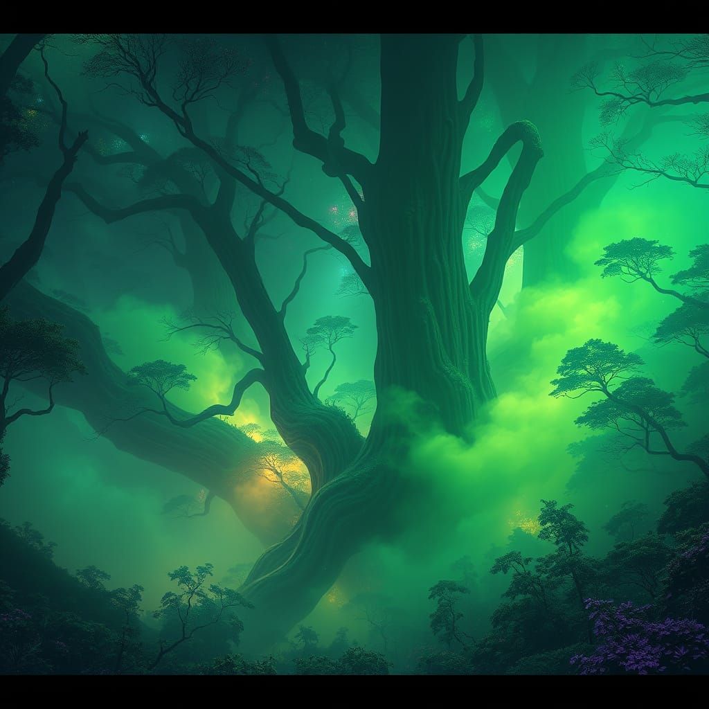 Ethereal Green Mist Envelops Ancient Mystic Forest