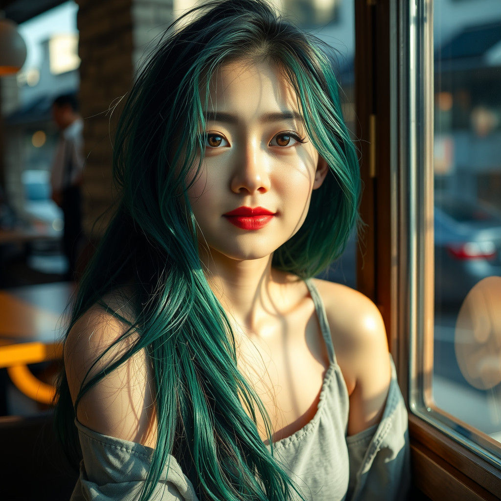 Japanese Woman with Green Hair in Cafe: Anime Style