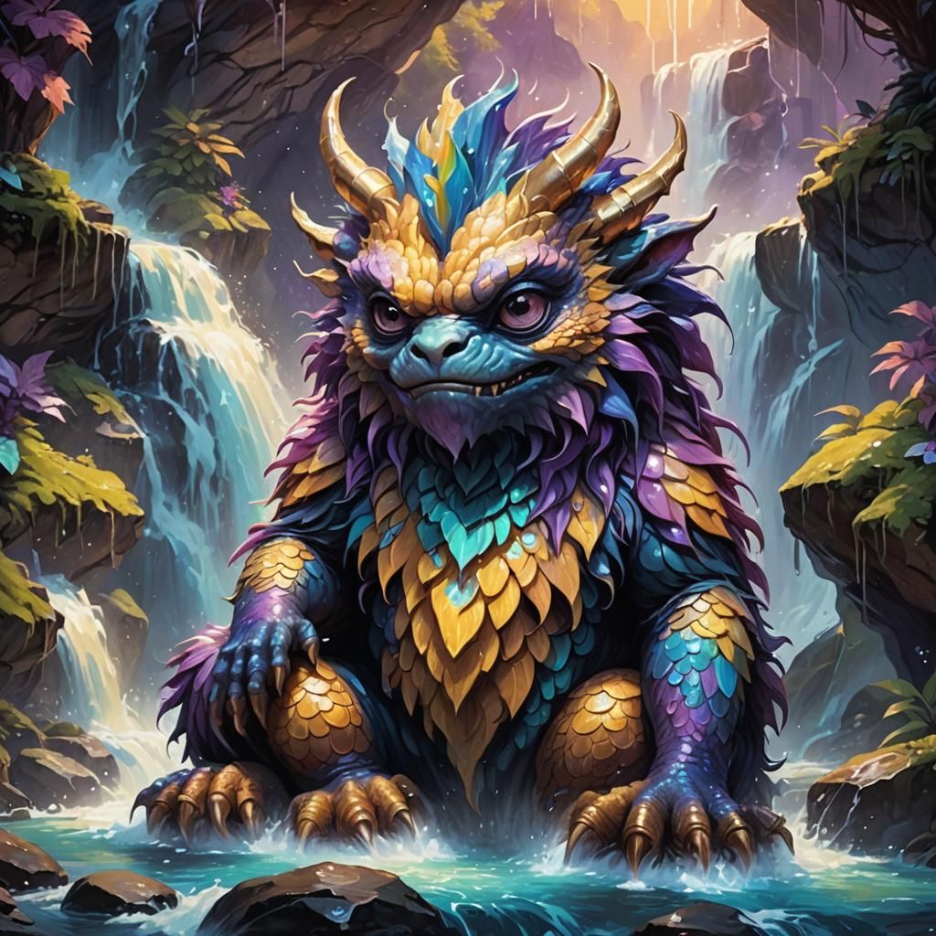 Cute Monster Under Waterfall in Oil Painting