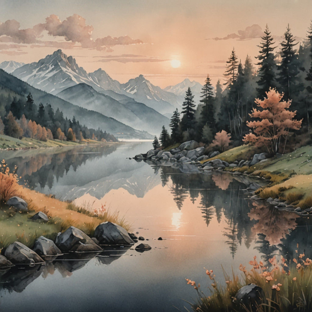 Gray and Peach Watercolor Landscape