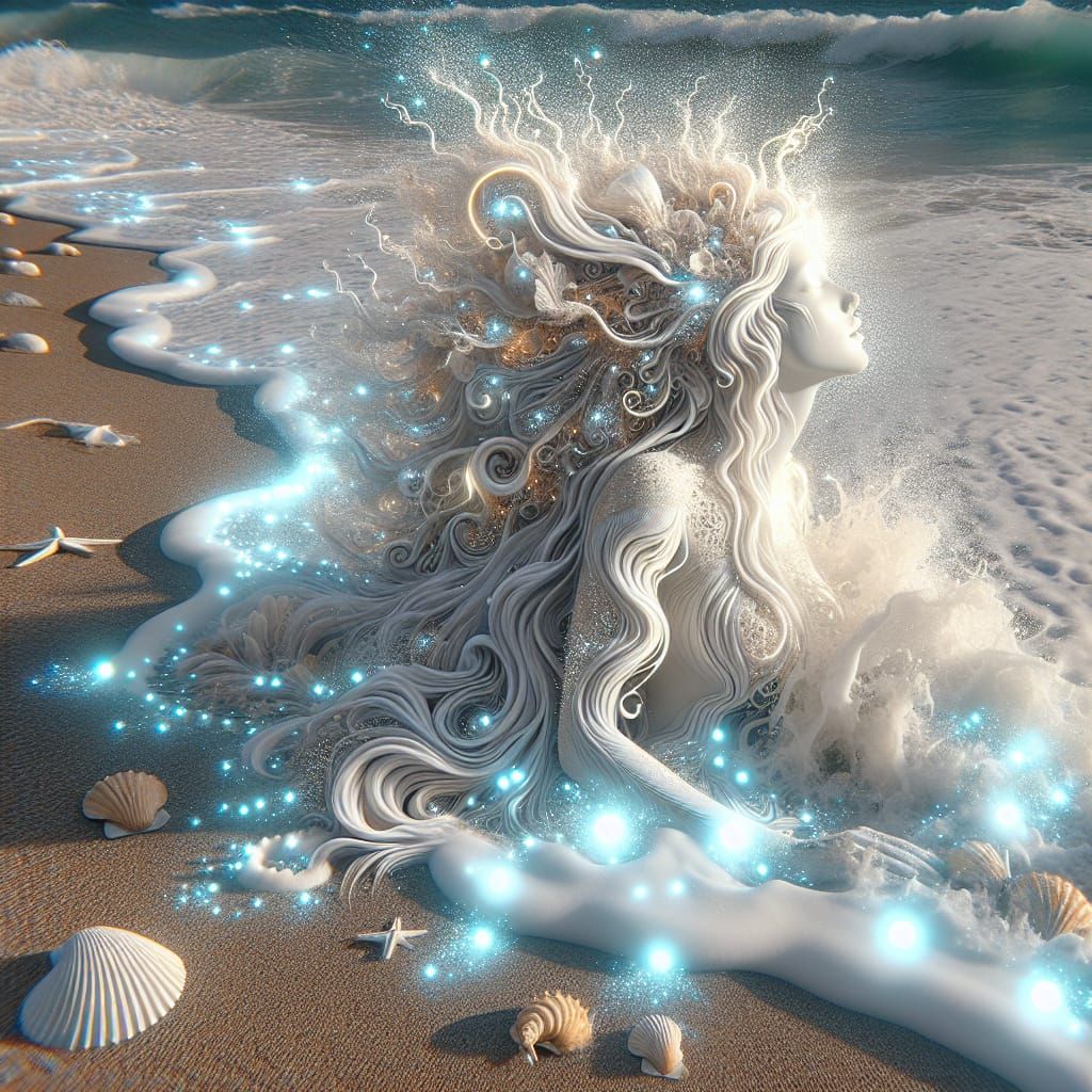 Bioluminescent Mermaid on White Sand Beach