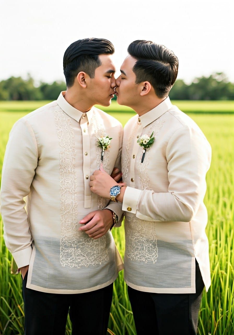 Filipino Groomsmen Share Tender Kiss in Sun-Kissed Rice Padd...