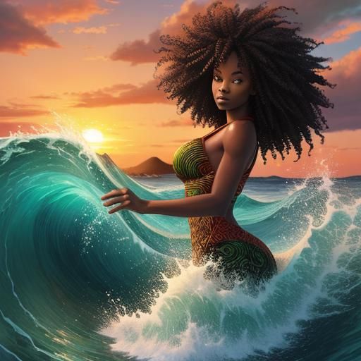African American Woman Emerges from Water at Sunrise