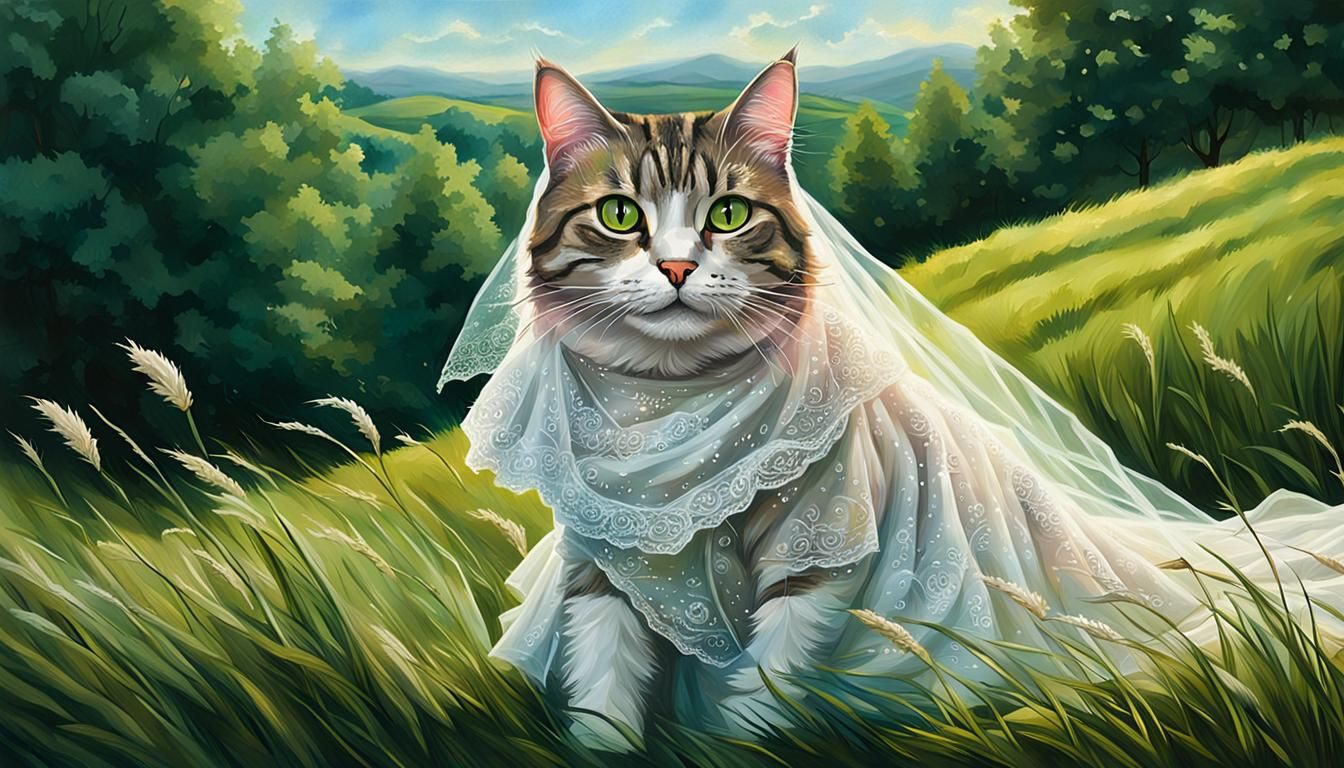 Cat Bride in Wedding Dress: Hyperrealistic Digital Art