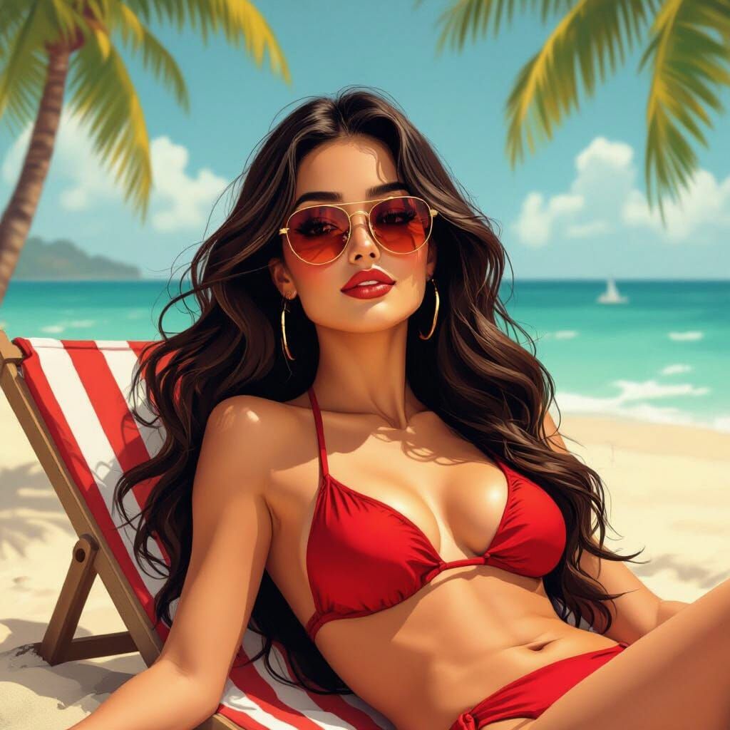 Attractive Woman on Beach in Art Nouveau Style