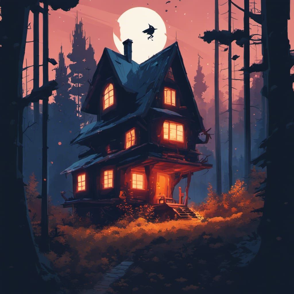 Magical Dark Forest Witch House: Minimalist Fantasy Art