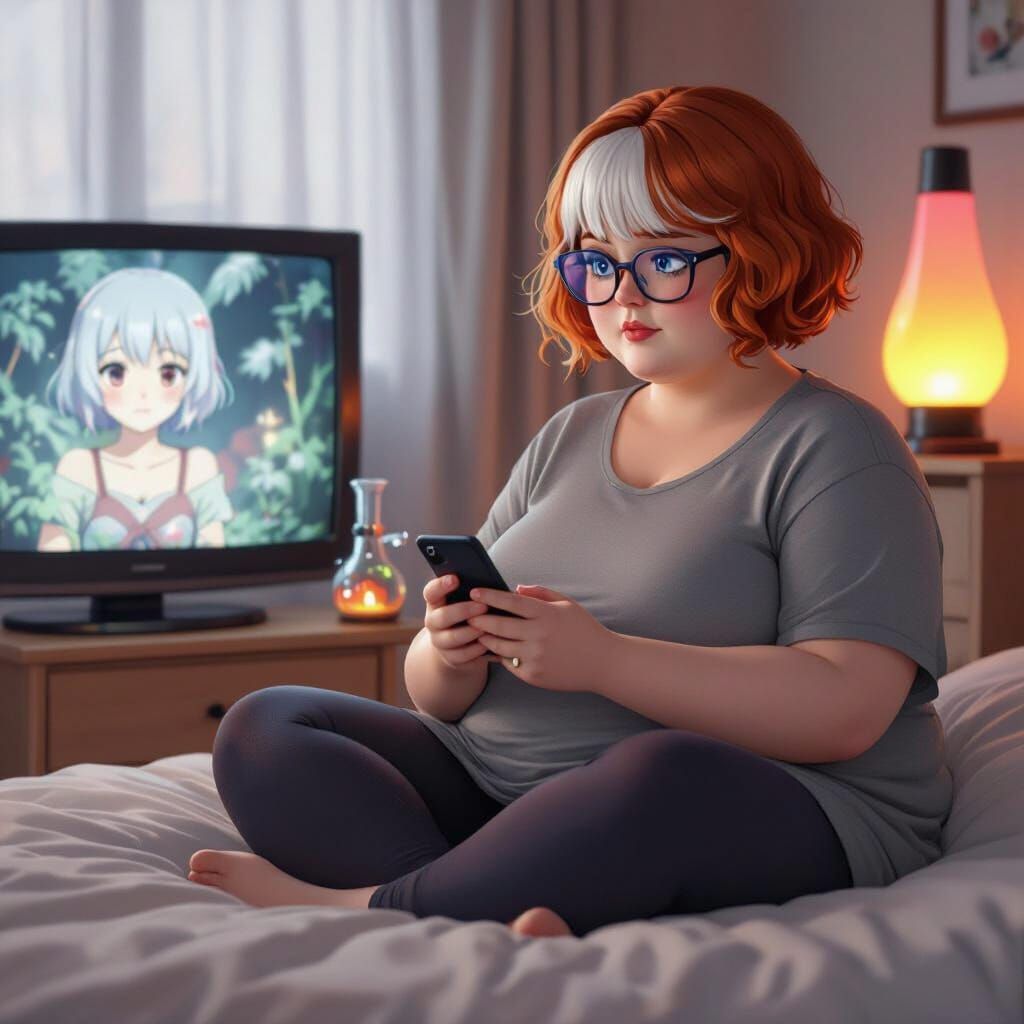Woman Watching Anime in Cozy Bedroom with Lava Lamp
