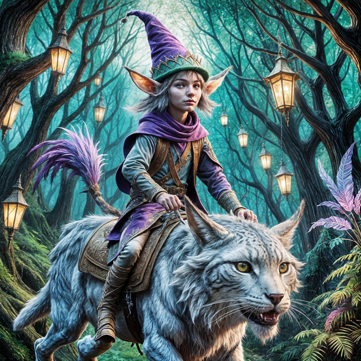 Elf Riding Lynx in Magical Setting