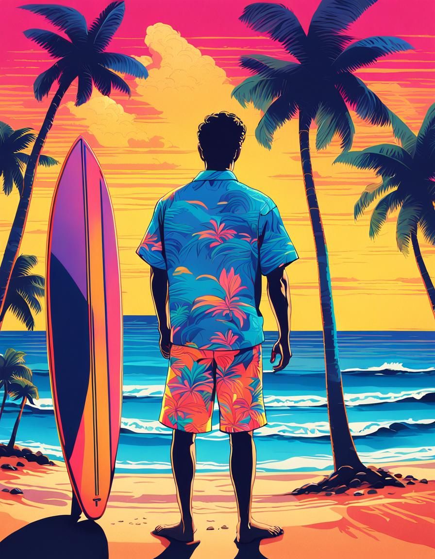 Surfer on Tijuca Beach in 80's Neon Style