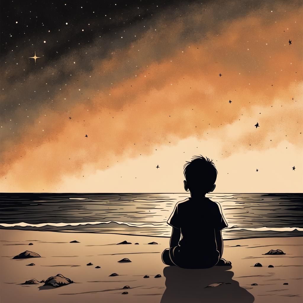 Child Silhouette Gazing at Stars on Beach