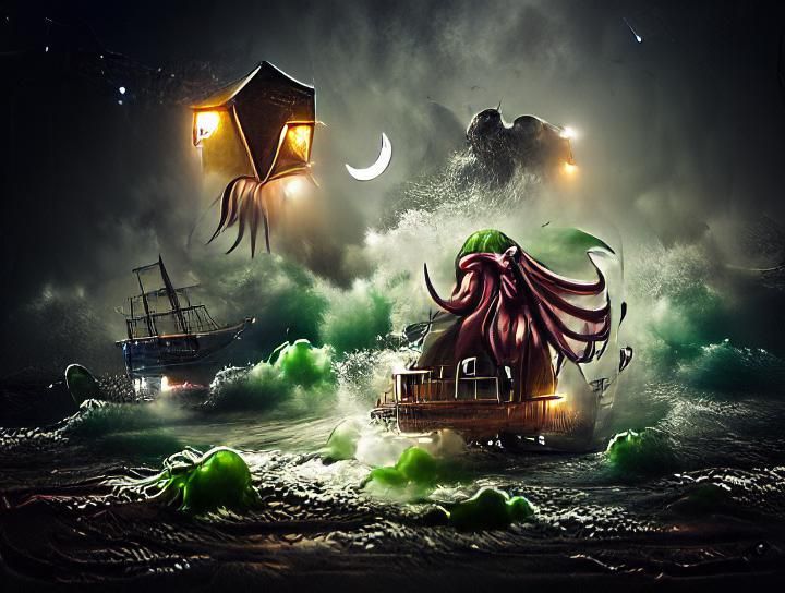 Cthulhu Attacks Pirate Ship at Night